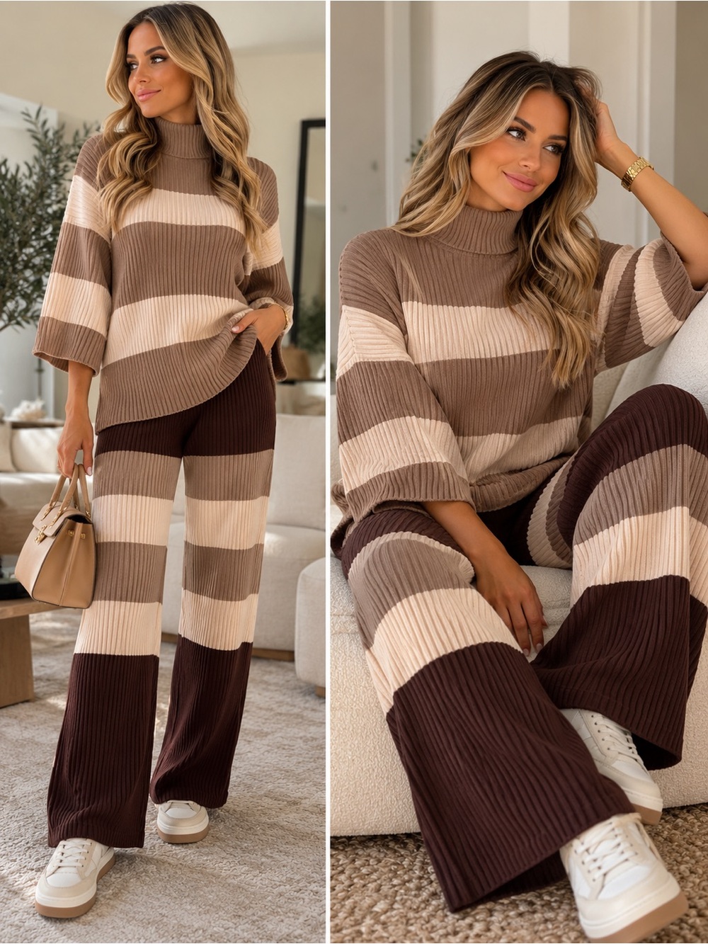 Free People Brown Cream Striped Ribbed Wide-Leg Pants Set